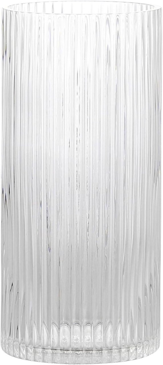 Clear Glass Vase, Glass Flower Vase, Ribbed Glass Vase, Clear Vase, Tall Cylinder Glass Vases for Centerpieces, Living Room, Dining Table, Office, Wedding, Bookshelf Decoration, 9.8 Inches